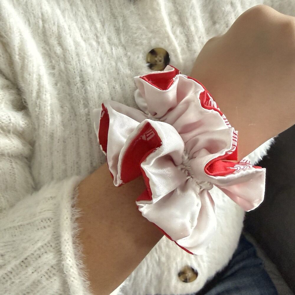 Handmade Red & Cream Scrunchie Hair Tie Ruffled Elastic Ponytail Holder - Picture 11 of 13